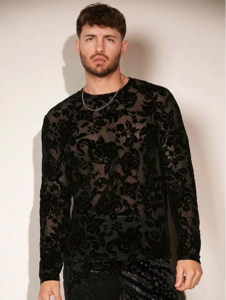 Men's Floral Print Sheer Mesh Long Sleeve T-Shirt